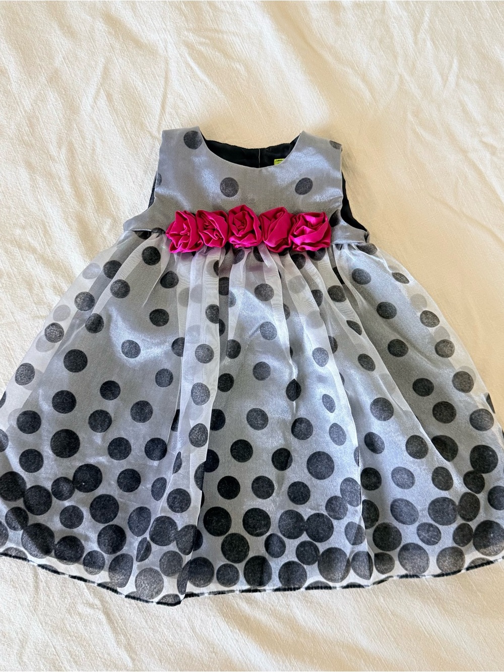 Penelope Mack Silver and Black Polka Dot Dress with Pink Rosettes